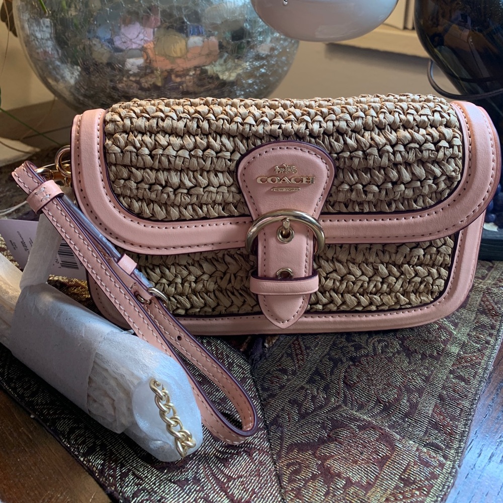 RARE🔥Authentic COACH Leather/suede/Straw flap logo Crosby/shoulder/wristlet bag